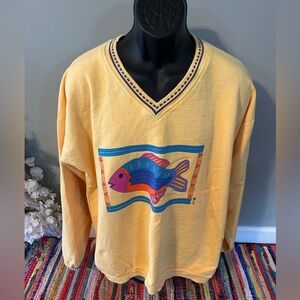 1995 Colorblock Fish Sweatshirt V Neck Nautical Graphic Yellow 90s Vintage XL